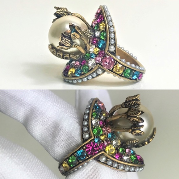 NEW GUCCI RING PEARL CRYSTAL EMBELLISHED Flower - Picture 3 of 12